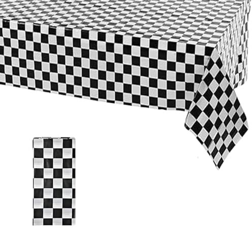 Lot de 1 nappe rectangulaire en PVC à carreaux noirs et blancs - 137 x 274 cm - Nappe de fête à carreaux en plastique propre - Résistante aux taches - Imperméable et résistante à l'huile - Pour dîner