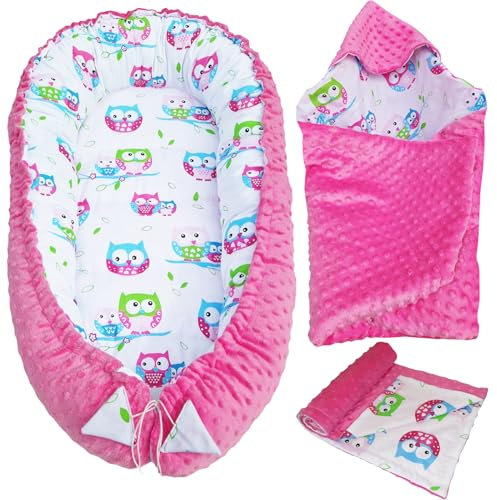 Leanbe Babynestchen-Set, 90x50 cm Baumwolle, 3-teilig mit Kuschelnest und Decke, für Neugeborene (ROSA/Bunte EULEN)