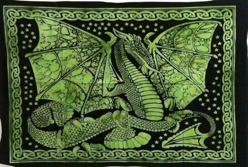 AVA Collections Drache Wandteppich Tierdruck Wandbehang Grün Wandteppich Vintage Baumwolle Tie Dye Wanddekoration Hippie Schlafzimmer Dekor 102 x 76 cm (Grün, Großer Drache)