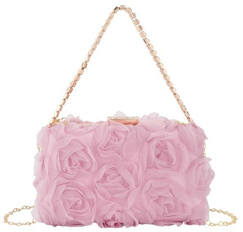 MilyaDE Damen Clutch Tasche Chiffon Blumen Brauttasche Hochzeit Handtasche Henkeltasche Abendtasche mit Strass Henkel Kette, Rosa