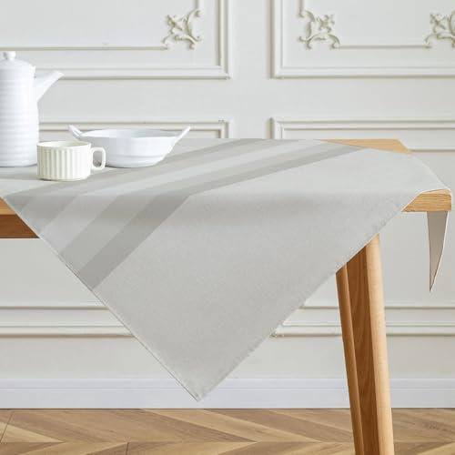 Kiatuniya Tischdecke Streifen Beige Mitteldecke Modern Winter Leinen Tischtuch Vintage Abwaschbar Tischdecken Landhausstil für Frühling Herbst Küche Tischdeko Party Dekor 85x85 cm