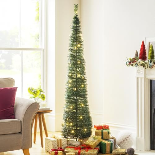 Jolliman 5FT Pop Up Christmas Tree with 50 LED Lights, Compact Space Saving Collapsible Artificial Pencil Tree for Indoor Xmas Decoration – Easy Assembly for Home, Apartment & Party