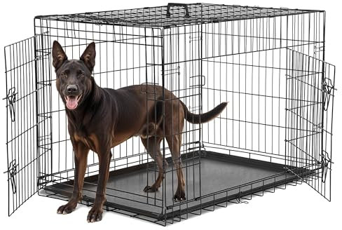 Simple Deluxe Mittelgroße Hundebox mit Trennwand, Doppeltür, zusammenklappbarer Metalldrahtkäfig mit auslaufsicherer Kunststoffschale, tragbarer Haustierhütte für drinnen, draußen, Reisen, 91,4 cm