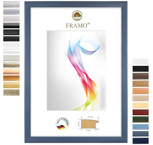 FRAMO Holz Bilderrahmen 50 x 50 cm (Bildmaß) quadratisch in Schiefer-Blau | Größe wählbar | Rahmen für Poster | Puzzle | Foto collage | Maßanfertigung | Fotorahmen nach maß
