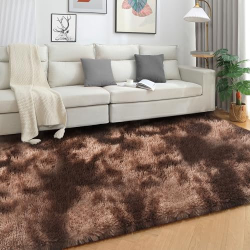 SOANNY Hochflor Wohnzimmer Teppich, Waschbar Anti-Rutsch & Flauschig, Tie-Dye Langflor Teppiche für Schlafzimmer & Kinderzimmer, Bettvorleger Matte, 120 x 180 cm, Braun