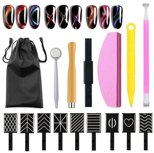 16Pcs Cat Eye Nail Magnets Kit for Nails Art, Double-Head Nail Magnetic Nail Art Pen Tool with Nail File Strips & Storage Bag, Strong Suction Nail Magnet for DIY Salons 3D Cat Eye UV Gel Polish Effect