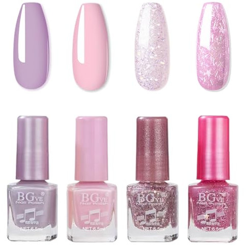 Nail Polish Set - 4Colors Nail Varnish Sets - Quick Dry & Long Lasting Pink Glitter Nail Polish Kit - No Need Cure Light Pink Sparkle Nail Varnish Set for Nail Art Manicure
