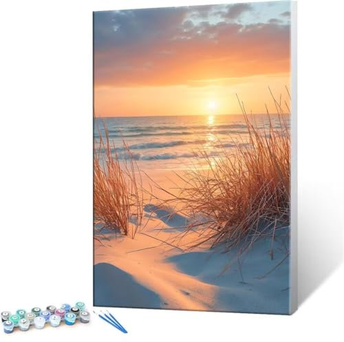QIANLUOO Peinture par Numéros pour Adulte, DIY Peinture Acrylique pour Débutants Facile sur Toile Kit de Peinture à l'huile sur 100x140cm, Décor de la Maison - Plage de sable coucher de soleil E-315