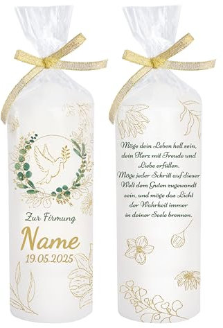 Bougie confirmation feuilles dorées colombe personnalisé nom et date à compléter comme décoration de table. Jolie bougie déco de table en cadeau. Durée de combustion : 30 heures, Ø 6 x hauteur 16,5 cm