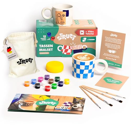 STRUCT® Keramik Bemalen Set - mit 2X Tassen zum Bemalen für Erwachsene - (inkl. Tassen, Farben, Pinsel, Gratis-Videokurs mit Malinspiration) - Tassen Bemalen Set - Kreativ Set für Erwachsene