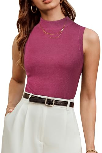 Arach&Cloz Women's Jumpers Summer Soft Tank Tops Mock Neck Wool Blend Knitted Vest Casual Business(Rose Red, L)