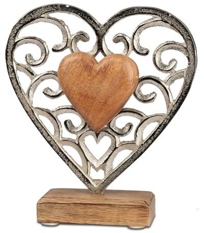 formano Deko Herz Aluminium Mangoholz Sockel 20 x 18 cm Dekoaufsteller Tischdeko Silber Skulptur Moderne Wohndeko Herz-Figur Geschenkidee Wohnzimmer Büro
