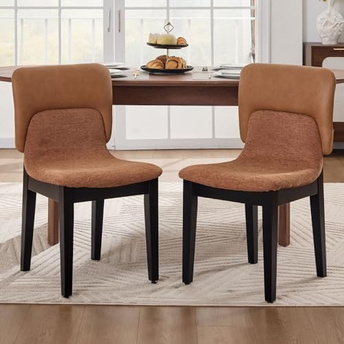 Ya-Home Esszimmerstühle 2er Set Küchenstühle mit Holzbeinen Polsterstuhl mit PU-Leder und Chenille Patchwork Stühle Ohne Armlehne für Esszimmer, Braun