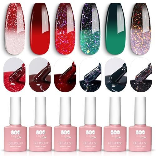 YTD Likomey UV Nagellack Farbwechsel Thermo Set,Weihnachten 6 Farben Glitzer Soak Off UV Chamäleon Gelnägel Rot Grün Schwarz Mehrfarbig Farbgel,7.5ml 6 Pcs