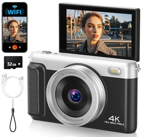 4K Digital Camera for Photography, 75MP Vlogging Cameras with Flip Screen | Built-in Wifi, 2500 mAh Battery, Autofocus, 16x Zoom, App Control, Compact Travel Camera for Beginners, Teens, Kids, Black