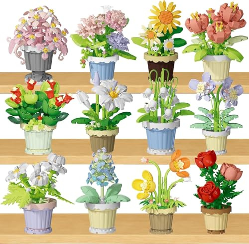 MALLOOM Ensemble de 12 Bouquets de Fleurs à Construire, 2531 pièces, Collection botanique en Blocs, Micro-Plantes pour déco Maison ou Bureau, Cadeau fête des Mères, Saint-Valentin, Noël, Anniversaire