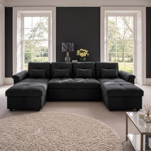 Sofaya Arlo U Shaped Sofa Bed with Storage – 4 Seater Corner SofaBed, Flat Pull-Out Double Sleeper, 2 Lift-Up Storage Chaises, Soft Linen, Solid Wood Frame with Structural Warranty
