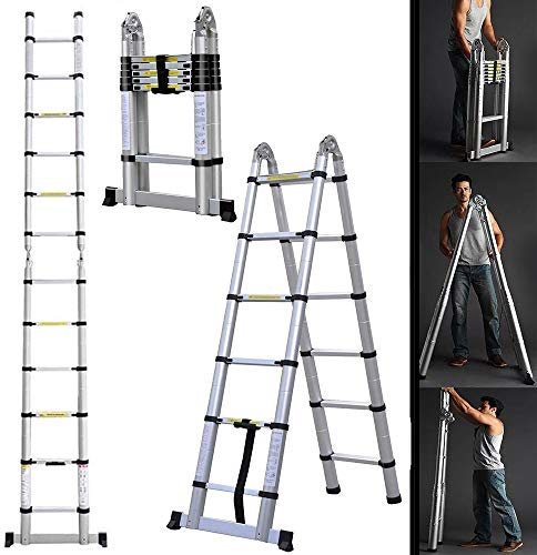 Folding Telescopic Ladder 12.5FT/3.8M Max Load 330lbs Lightweight Multi-Purpose Aluminum A-Shape Ladder Extendable Ladder with EN131 and CE Standard