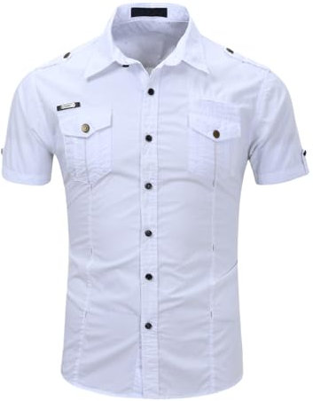 Iris Sprite Mens Short Sleeve Shirts Cotton Button Cargo Shirts (White, L)