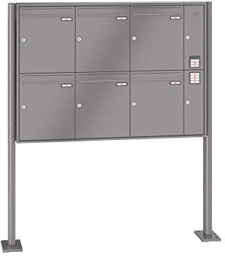 RENZ/Quadra / 6er Freistehende Briefkastenanlage Standbriefkasten mit Sprechfeld/RAL-Farbe 9007 Volumen 23 L/mit Fußplatten/Dein-Briefkasten.de