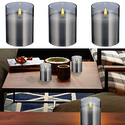 Cepewa LED Echtwachs-Kerze im Glas │7,5x10cm 3er Set warmweiße LED-Flamme │Flackerfunktion Timerfunktion (1 x 3er Set LED Echtwachskerze 7,5x10cm)