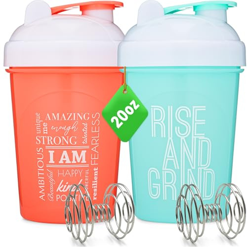 Lot de 2 bouteilles shaker de 591 ml avec citations motivantes (corail et menthe) | Bouteille shaker protéinée avec agitateurs mélangeurs | Bouteille shaker mélangeur pour mélanges de protéines sans