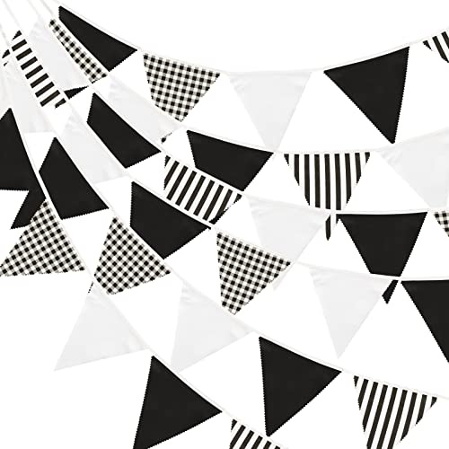 G2PLUS 12M Black and White Fabric Bunting Banner, 19x21CM Reusable Cotton Triangle Flag Garland with 42PCS Strips Checkered Pennants for Garden Tea Parties