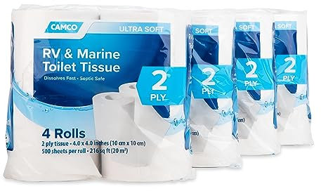 Camco Wohnmobil-WC-Taschentuch, 16 Rollen, für Klärgruben und Kanalisation, biologisch abbaubar, 2-lagig, Weiß, 500 Blatt pro Rolle (40282)