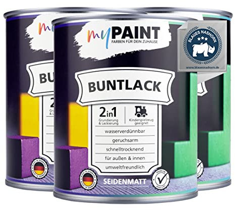 myPaint 2in1 Buntlack Seidenmatt (2,25L Gold/Gold) – Wetterfeste Holzfarbe Holzlack Küchenmöbellack. Getrocknet auch für Kinderspielzeug. Schnelltrocknend, Für Innen Außen