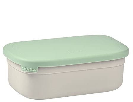 Béaba Lunchbox para niños, fiambrera, Bento, fiambrera en acero inoxidable, a prueva de fugas, con compartimentos, funda de silicona, 760 ml, gris/verde