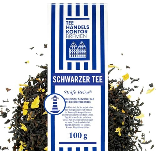 Hochwertiger Schwarzer Tee lose Steife Brise® 100 g malzig Eierlikör | Malziger Assam-Blatt-Tee mit feinem Eierliköraroma, Verfeinert mit Ringelblumenblüten