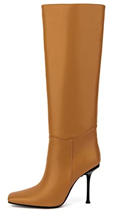 Hohe Damenstiefel, 10 cm, sexy, modisch, weites Bein, quadratischer Zehenbereich, Stiletto, bequem, lange Stiefel für Party, Freizeit, Shopping, Größe 36, Braun