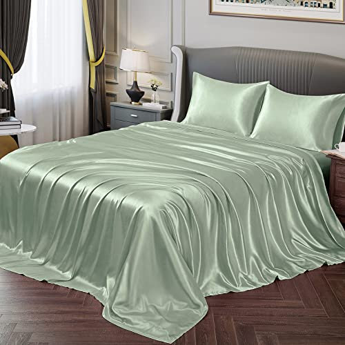 Vonty Satin Sheets Full Silky Soft Satin Bed Sheets Sea Glass Sheet Set, 1 Deep Pocket Fitted Sheet + 1 Flat Sheet + 2 Pillowcases