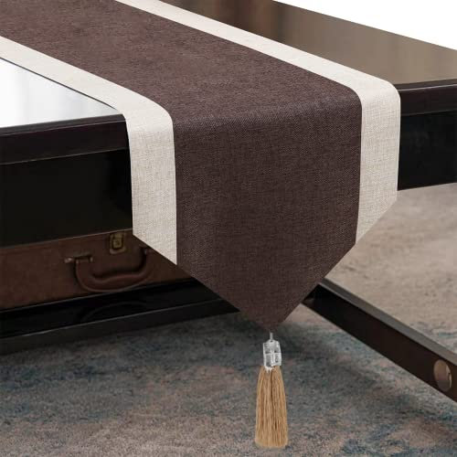 Voici et Voila Table Runner Sideboard Läufer Tischläufer Herbst Landhausstil Deko Tischläufer Khaki Weihnachten Tischdeko Tisch Läufer Baumwolle Natur mit Quasten Hochzeit 33x150CM
