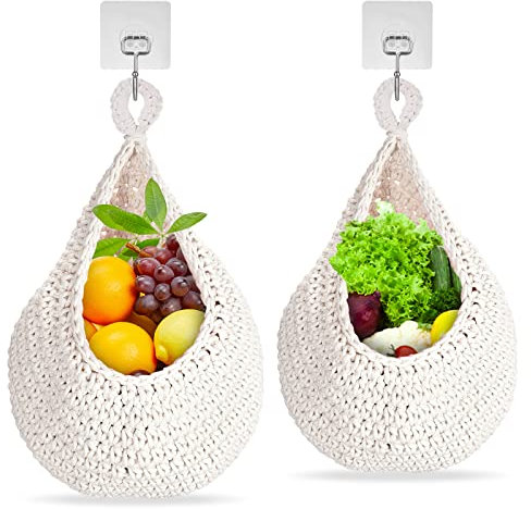 Hanging Fruit Basket, 2 PCS Wall Basket Teardrop Hanging Baskets, Handmade Woven Vegetable and Fruit Racks, Wall Mounted Kitchen Fruits Storage Organiser for Vegetable Onion Potato, Porch, Living Room