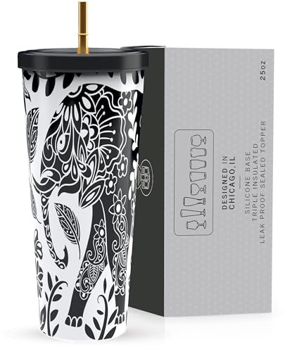 Greenline Goods Elephant Boho - Bicchiere da 750 ml in acciaio INOX con cannuccia dorata