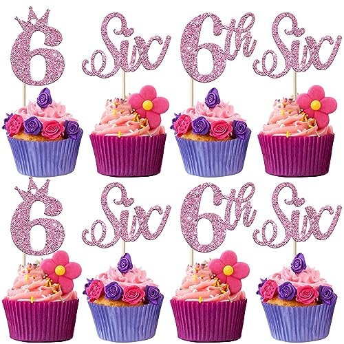 24 Stück Six Geburtstag Tortendeko Glitzer Happy 6th Geburtstag Cupcake Toppers Crown Happy Geburtstag Kuchen Deko für Sechste Geburtstag Party Kuchen Dekorationen Lila