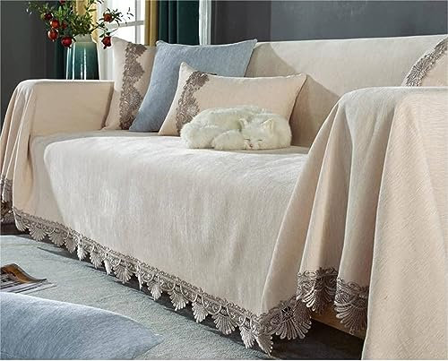 Homxi Sofabezug 4 Sitzer Big Sofa,180x380CM,Sofa Überzug Decke Einfarbig mit Spitze Sofaüberwurf Chenille Handtuch Sofa Beige Sofa Überzug