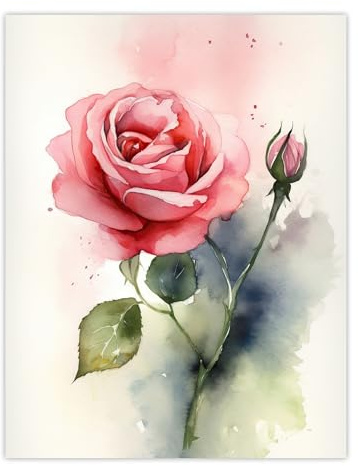 Artery8 Rose Bloom Flower Soft Watercolour Painting Green Pink Single Bloom with Bud Elegant Spring Romance Nature Colourful Bright Floral Modern Artwork Unframed Wall Art Print Poster Home Décor