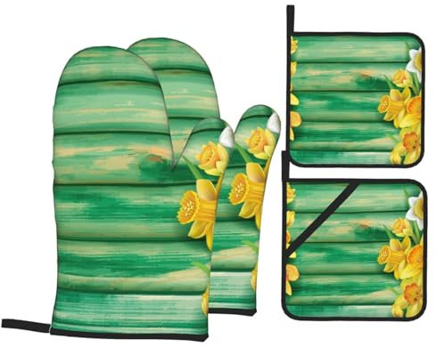 Lot de 4 maniques et maniques imprimées de fleurs de jonquilles jaunes, résistants à la chaleur, imperméables, pour la pâtisserie, la cuisine, les barbecues