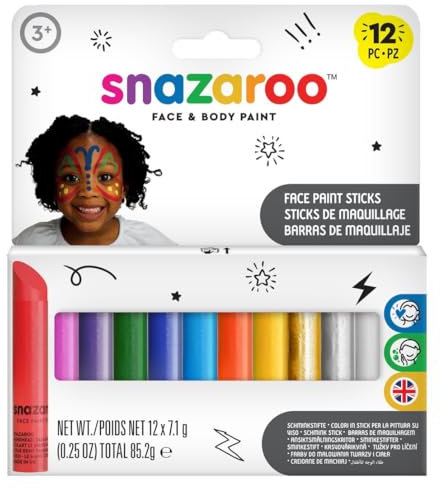 Snazaroo 1172193 Set Maquillaje Infantil con 12 Barras de Pintura Facial, Colores de Maquillaje al Agua para Pieles sensibles con los Que Crear Vivos Efectos en niños o Adultos