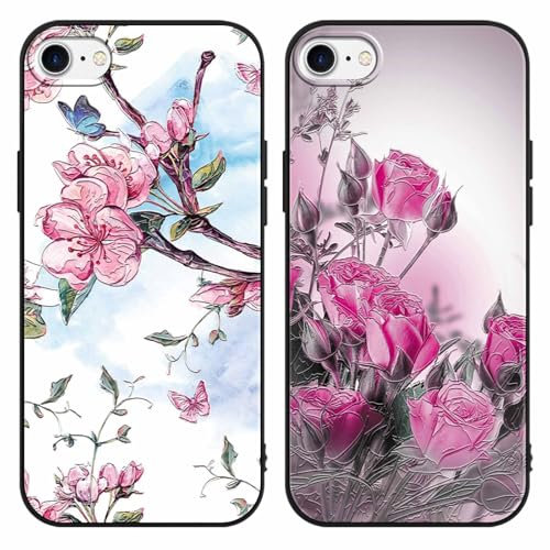 Foonary 2 Stück für iPhone 8/7/SE 2020/SE 2022 4,7 Hülle, Handyhülle Blumen Motiv Design Muster Aesthetic Schutzhülle TPU Silikon Stoßfest Case,Jungen und Mädchen Cover für iPhone SE 3, Schwarz 05