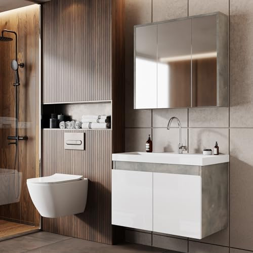 KAREN banyo Badmöbel Set Alfa 60 Weiß | Keramikwaschbecken | Unterschrank | Spiegelschrank | Softclose-Türen & unsichtbare Griffe | Badezimmer Möbelset Waschbeckenunterschrank Waschtisch