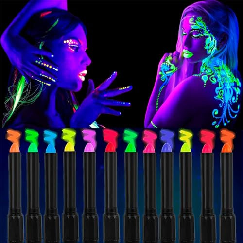 Face Painting UV Crayons 12 Colores, Pintura Facial UV Brillante, Corporal Neon Fluorescente de Colores Brillantes Kit Lavable para Fiesta de Cumpleaños Maquillaje de Halloween de Mascarada