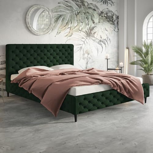 MOTIVENA Gloria Chesterfield Bett 140x200, Polsterbett 140x200 mit Füßen, Polsterbett 140x200 ohne Bettkasten, Polsterbett 140x200 Samt, mit Lattenrost, mit Kopfteil, ohne Matratze, Grün