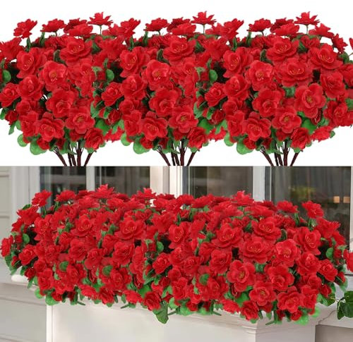 Weldomcor 8 Manojos Flores Artificiales, Flor Falsas Resistentes a Rayos UV Arbustos Artificiales Plantas para Exterior Interior Jardin Patio Balcón Ventana Maceta Colgante Decoración de Mesa, Rojo