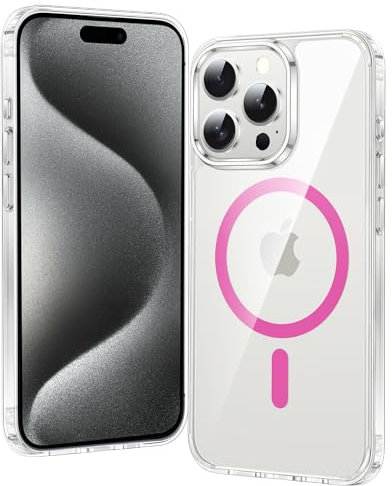 FNTCASE für iPhone 15-Pro Klar Hülle: Handyhülle Magnetische Militär Fallschutz Anti Vergilbung Handyhülle - Robuste langlebige stoßfeste Schutzhülle 6,1 Zoll (Klar-HeißPink)