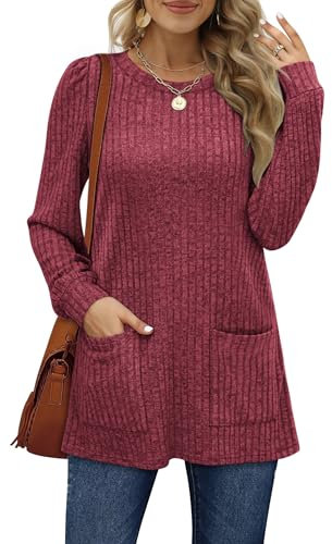 Aokosor Jumpers for Women Long Sleeve Autumn 2025 Loose Fit T Shirts with Pockets Ladies Tops Christmas Red Size 10-12