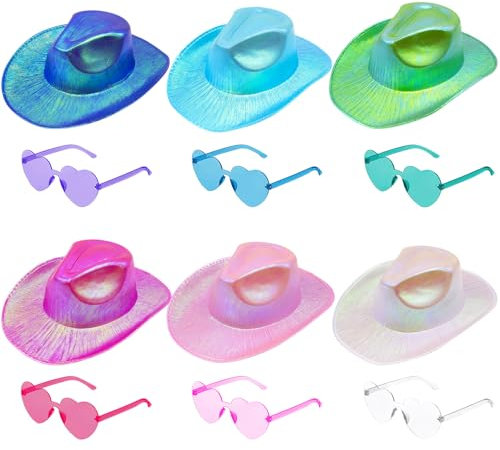 MSYU Lot de 12 chapeaux de cowboy avec 6 lunettes en forme de cœur holographiques à paillettes pour femme et homme