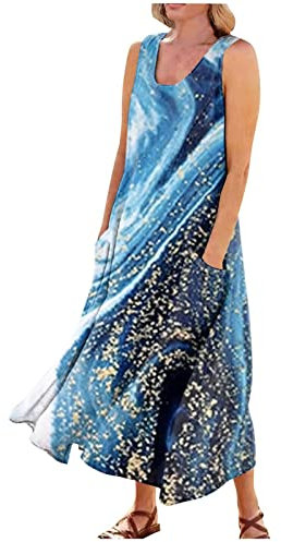 Maxikleider Damen Sommer Sommerkleid Damen Lang Leicht Und Luftig Leinenkleid Ärmellos Strandkleider Damen Sommer Strandkleid Große Größen Maxikleider Blau M